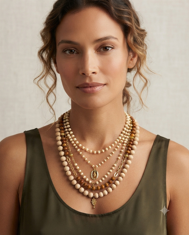 Boho Multi-Layered Wooden Bead And Gold Charm Necklace