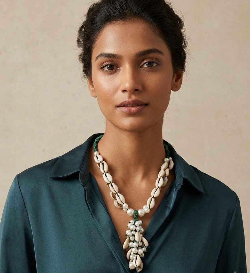 COASTAL BLOOM COWRIE SHELL & PEARL TASSEL NECKLACE