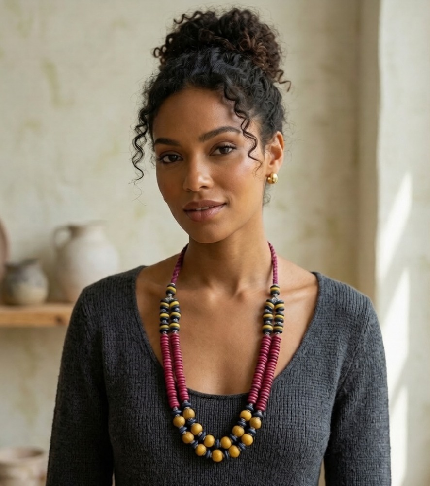 DESERT PLUM AND GOLD MULTICOLOR BLOCKED BEAD CORD NECKLACE