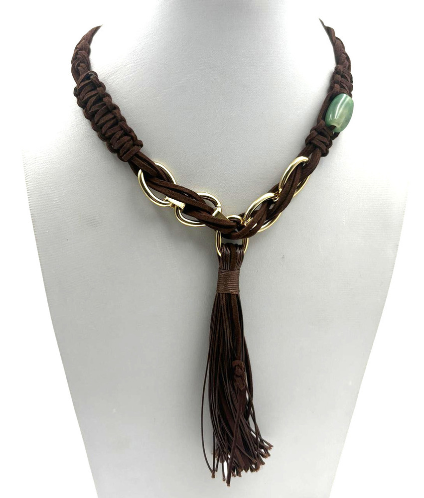 Dark Brown Knotted Cord Necklace With Jade Bead & Ring Accents
