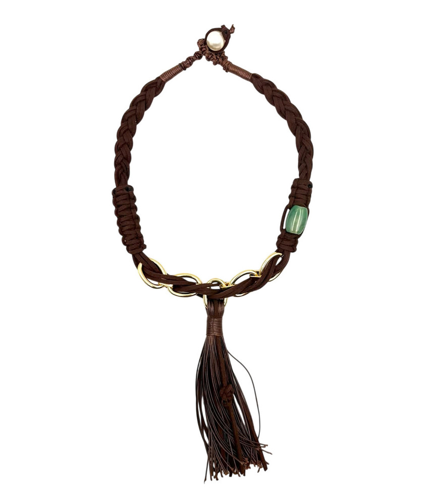 Dark Brown Knotted Cord Necklace With Jade Bead & Ring Accents