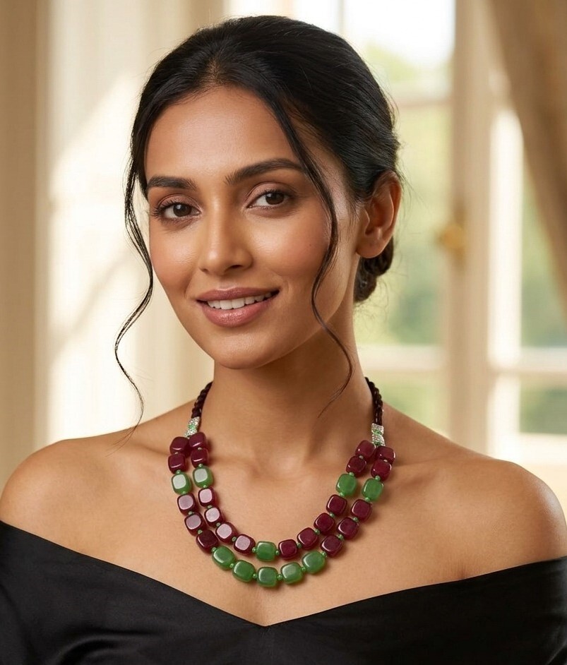 Double Layer Green & Plum Cube Glass Bead Necklace