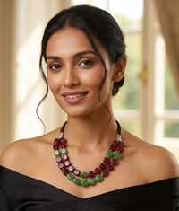 Double Layer Green & Plum Cube Glass Bead Necklace