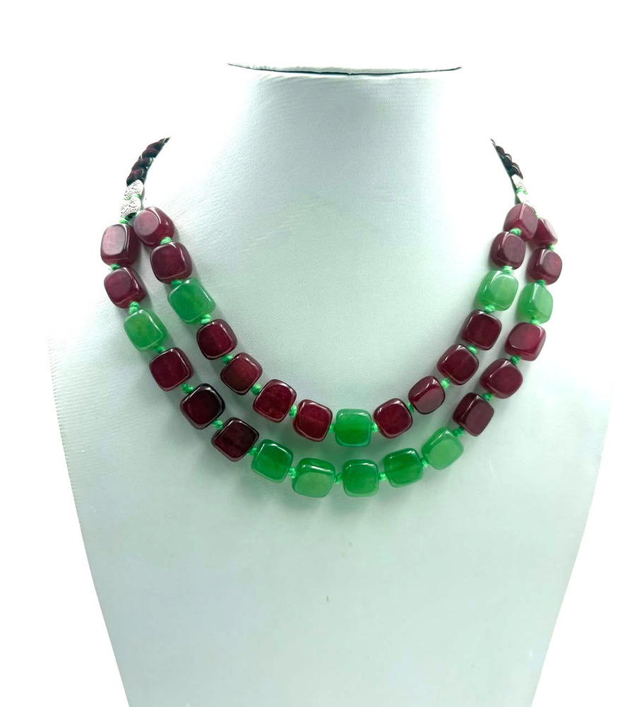 Double Layer Green & Plum Cube Glass Bead Necklace