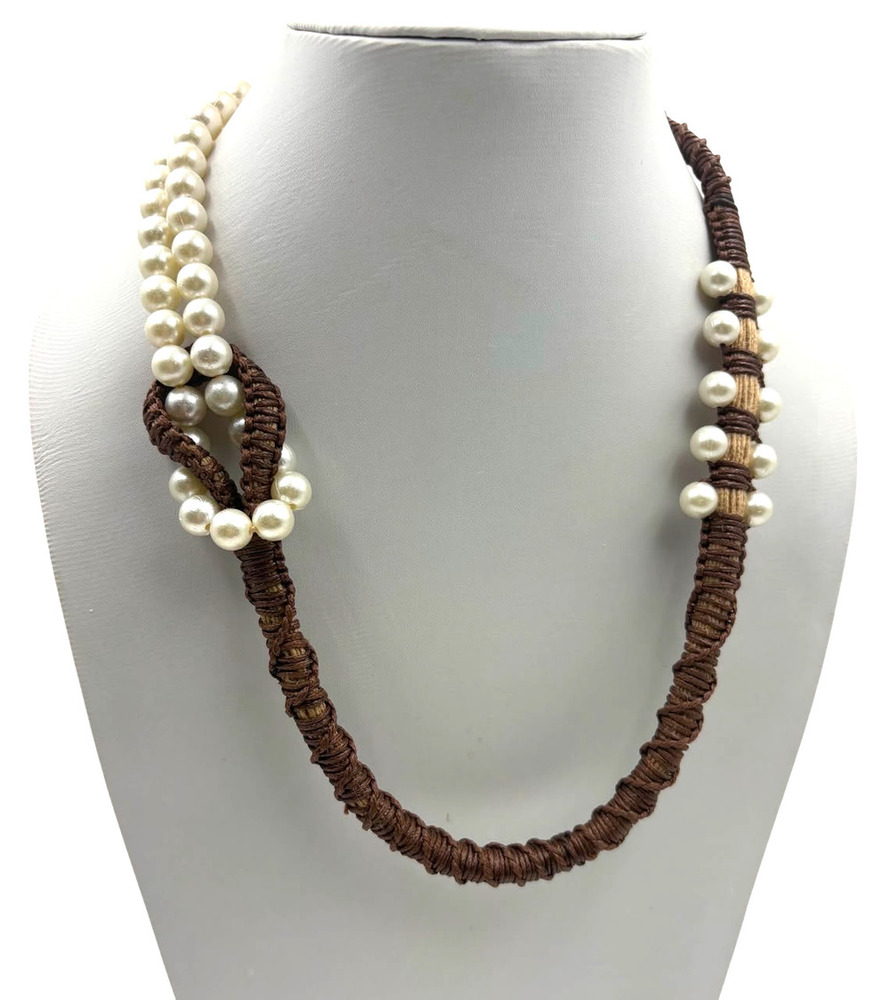Handmade Braided Wax Cord And Pearl Necklace