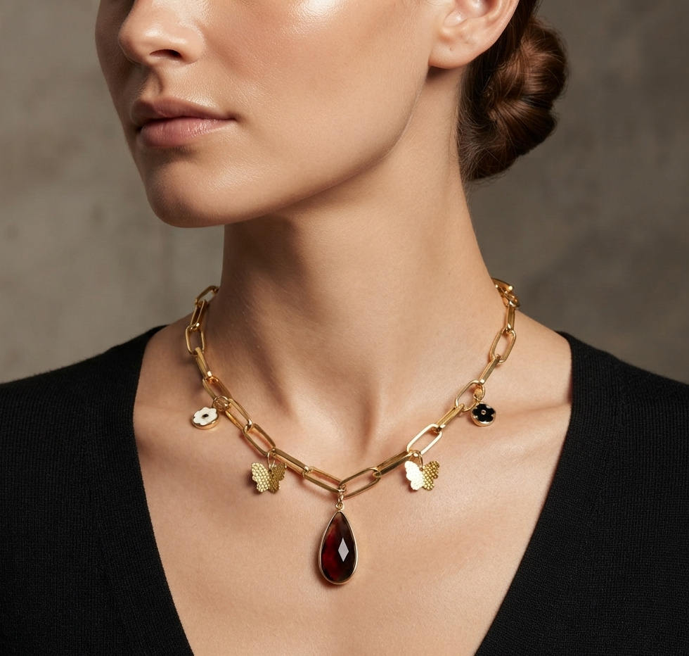 Gold Paperclip Chain Charm Necklace With Teardrop Pendant And Butterflies