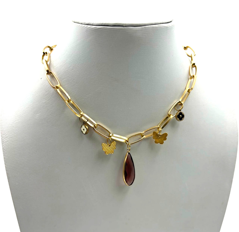 Gold Paperclip Chain Charm Necklace With Teardrop Pendant And Butterflies