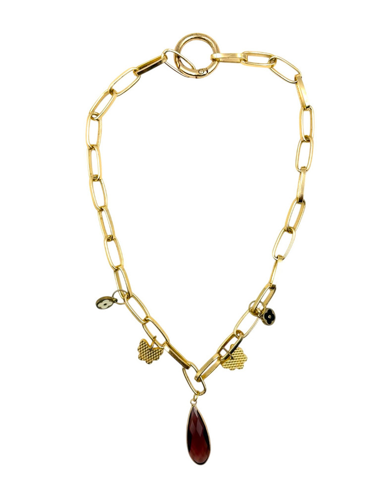 Gold Paperclip Chain Charm Necklace With Teardrop Pendant And Butterflies