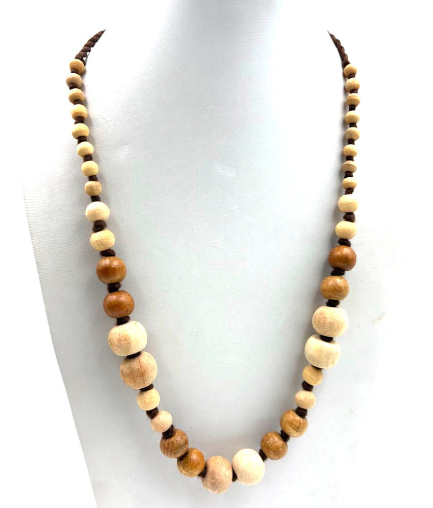 Handcrafted Wooden Bead Necklace On Black Woven Cord