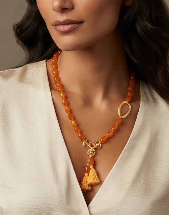 Handcrafted Orange Resin Bead Necklace With Tassel Drop