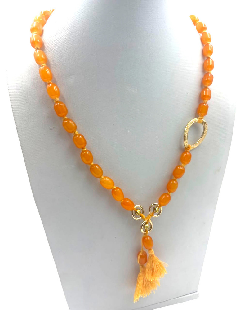 Handcrafted Orange Resin Bead Necklace With Tassel Drop