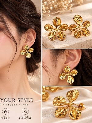 Elegant Golden Flower Stud Earrings - Color: Gold