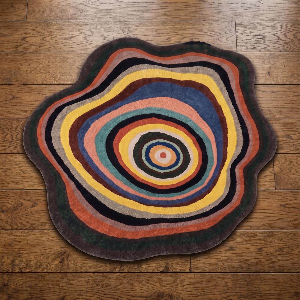 Hand Tufted Multicolor Abstract Round Wool Rug Irregular Shape Modern Concentric Circle Area Carpet for Living Room Decor
