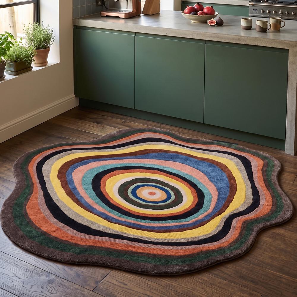 Hand Tufted Multicolor Abstract Round Wool Rug Irregular Shape Modern Concentric Circle Area Carpet for Living Room Decor