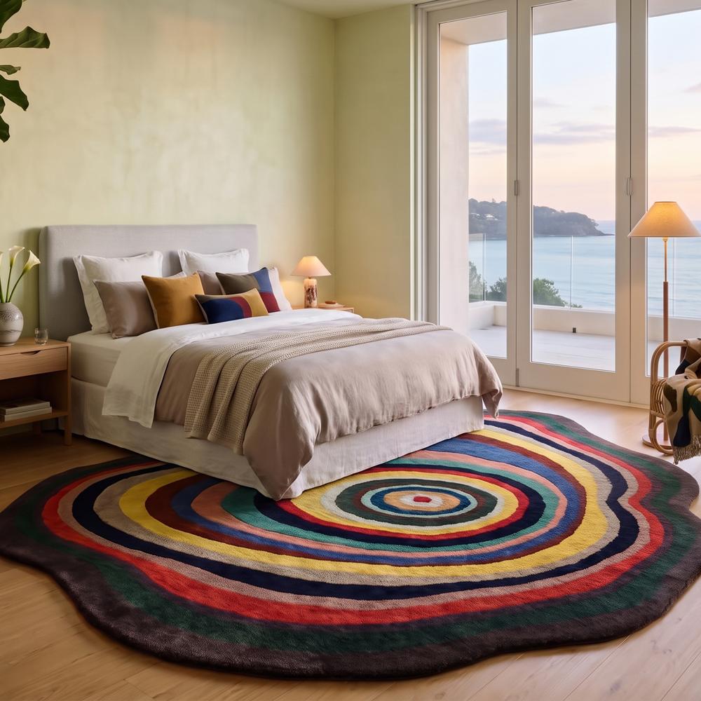 Hand Tufted Multicolor Abstract Round Wool Rug Irregular Shape Modern Concentric Circle Area Carpet for Living Room Decor