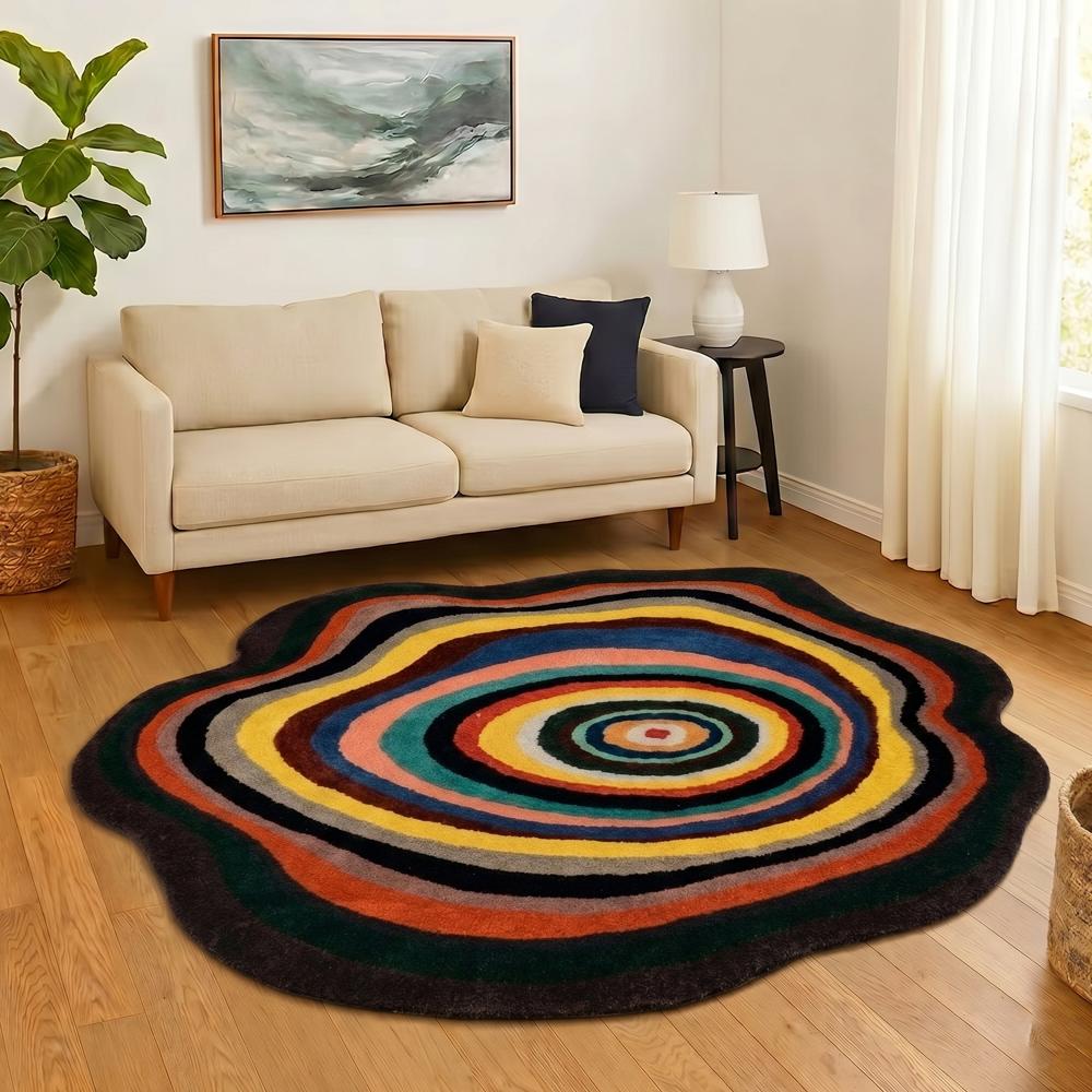Hand Tufted Multicolor Abstract Round Wool Rug Irregular Shape Modern Concentric Circle Area Carpet for Living Room Decor