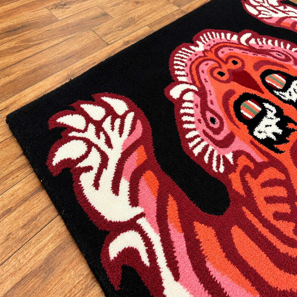 Hand Tufted Tiger Print Wool Rug Black Orange Pink Animal Design Area Carpet For Modern Home Decor Custom Size - Backing Material: Canvas Latex