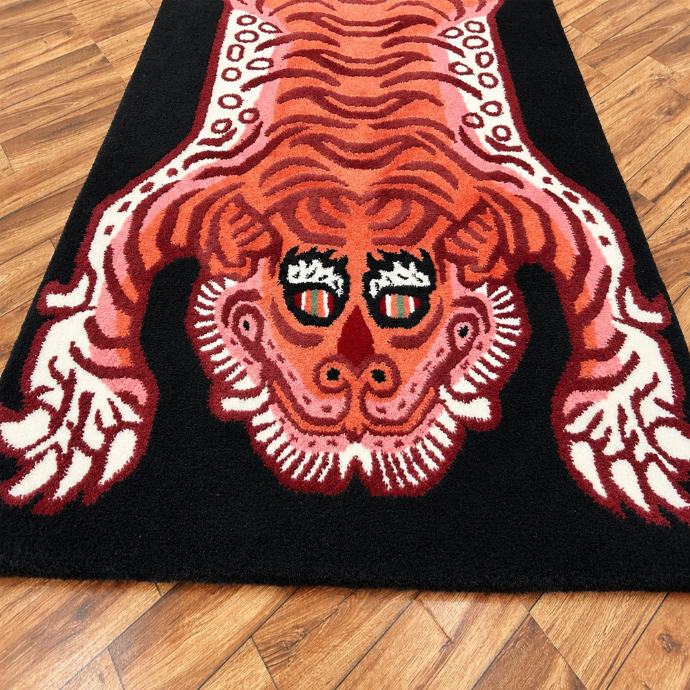 Hand Tufted Tiger Print Wool Rug Black Orange Pink Animal Design Area Carpet for Modern Home Decor Custom Size
