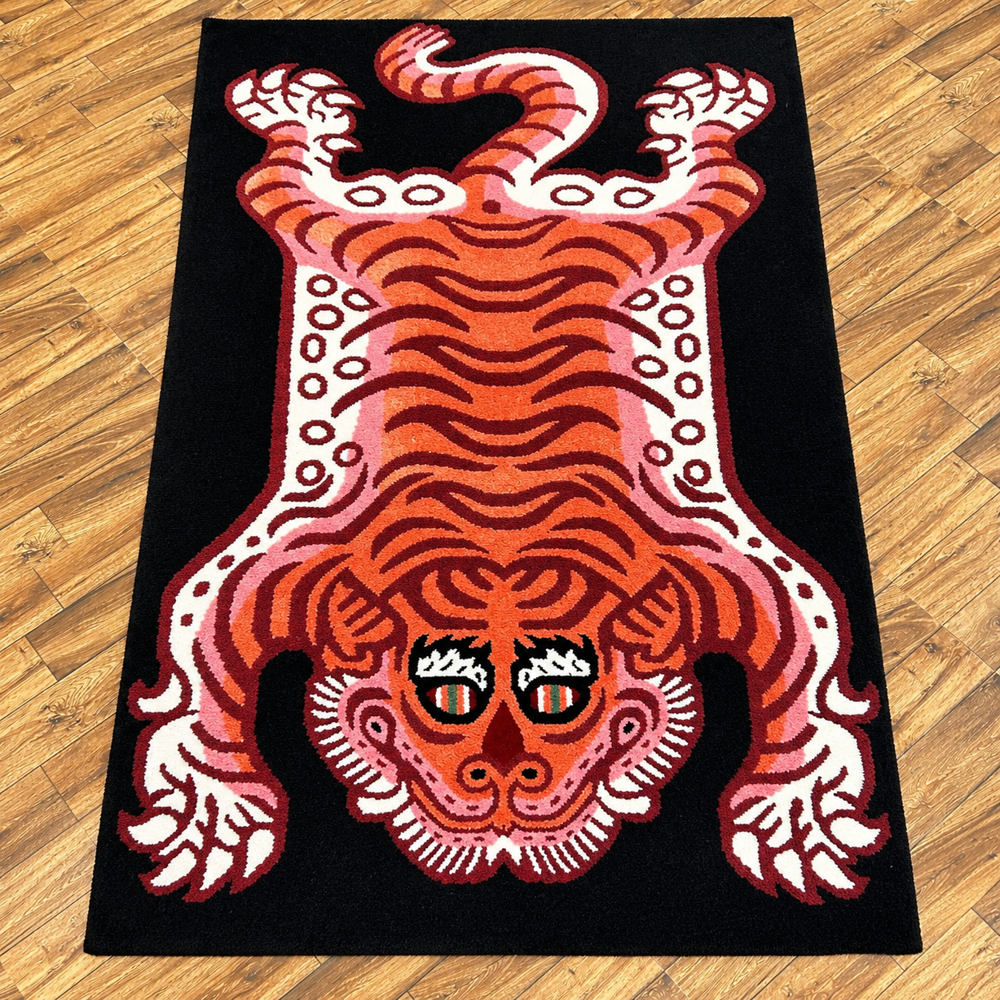 Hand Tufted Tiger Print Wool Rug Black Orange Pink Animal Design Area Carpet for Modern Home Decor Custom Size