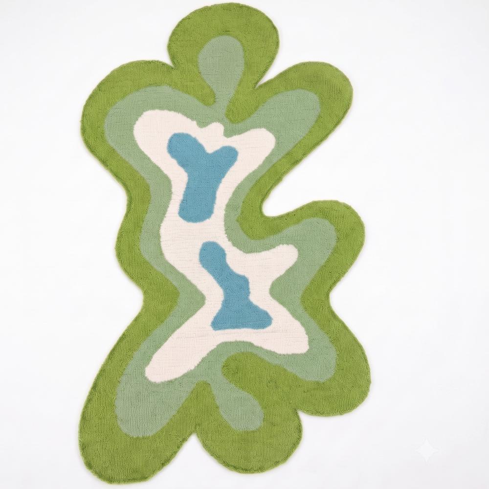 Hand Tufted Abstract Green and Blue Irregular Shaped Rug for Modern Home Decor