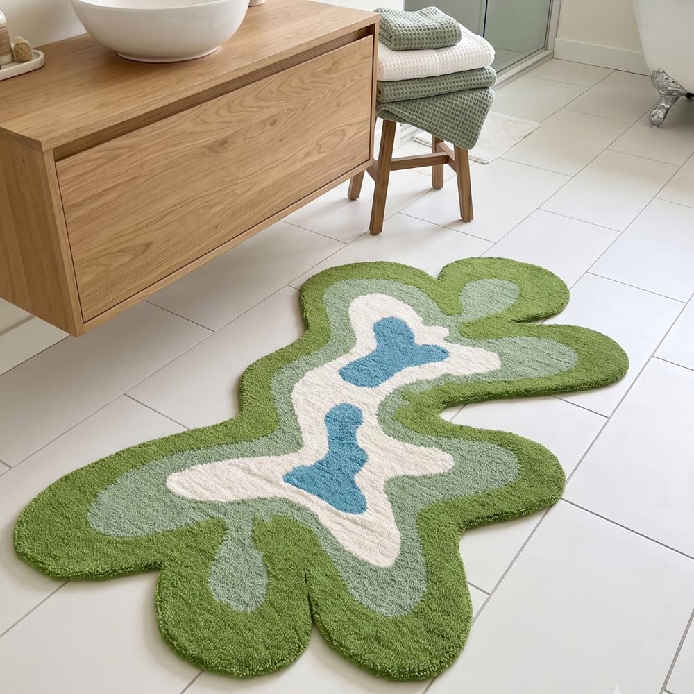 Hand Tufted Abstract Green and Blue Irregular Shaped Rug for Modern Home Decor
