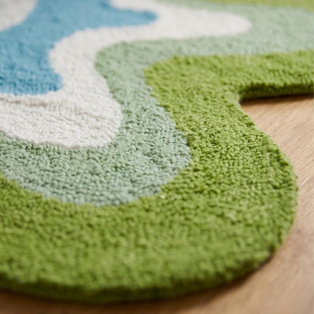 Hand Tufted Abstract Green and Blue Irregular Shaped Rug for Modern Home Decor