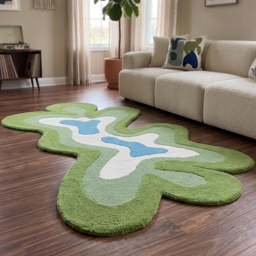 Hand Tufted Abstract Green and Blue Irregular Shaped Rug for Modern Home Decor