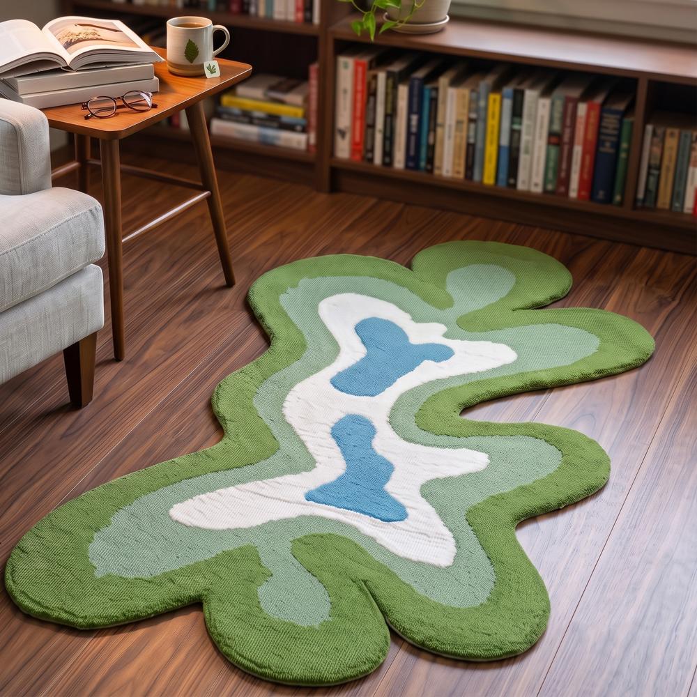 Hand Tufted Abstract Green and Blue Irregular Shaped Rug for Modern Home Decor