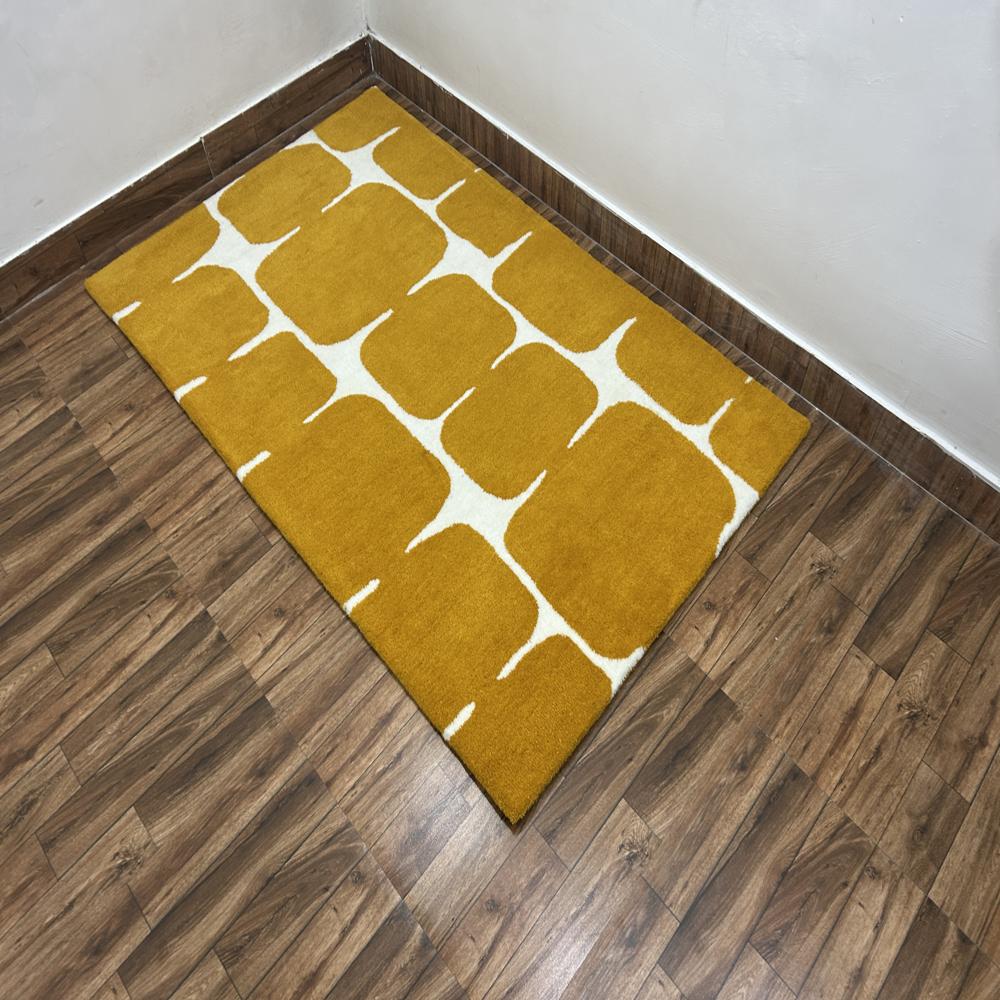 Mustard Yellow And Cream Geometric Pattern Hand Tufted Rug For Modern Home Decor - Backing Material: Canvas Latex