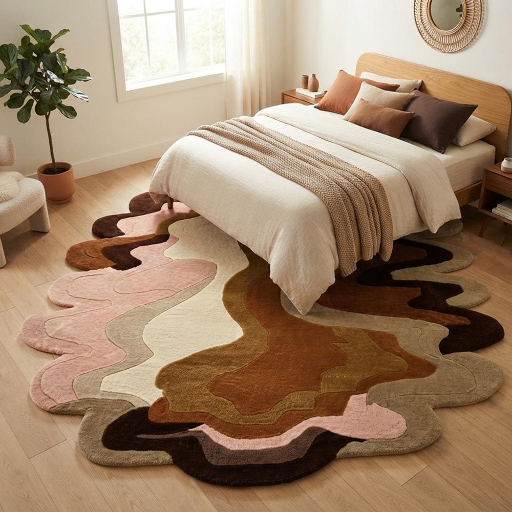 Handmade Abstract Wavy Scalloped Area Rug in Multicolor, Modern Tufted Rug for Bedroom and Living Room |