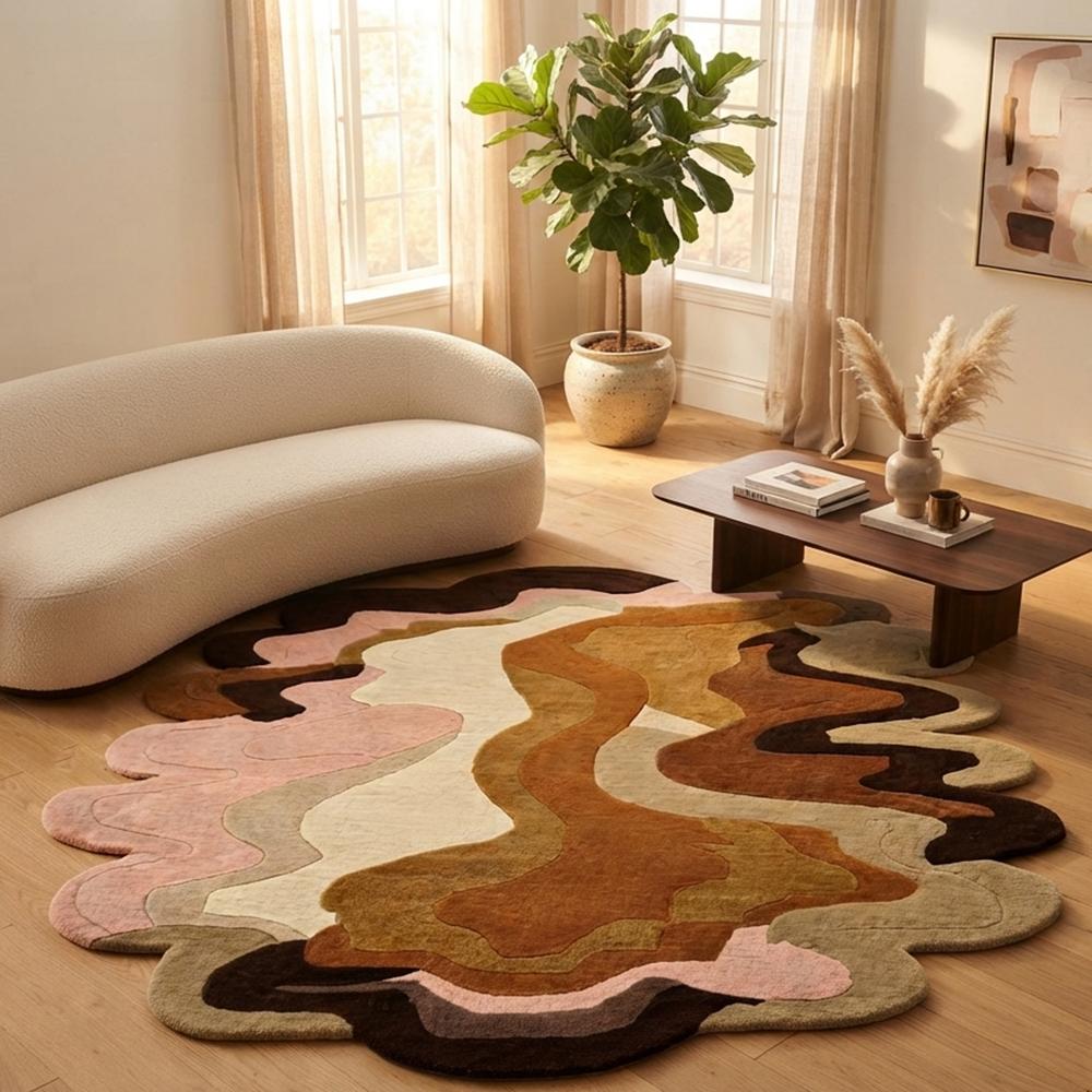 Handmade Abstract Wavy Scalloped Area Rug in Multicolor, Modern Tufted Rug for Bedroom and Living Room |