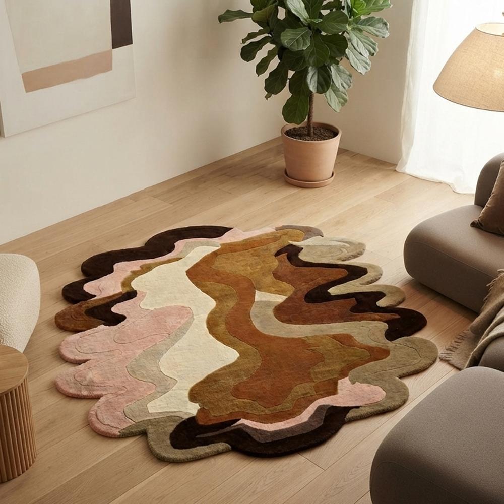 Handmade Abstract Wavy Scalloped Area Rug in Multicolor, Modern Tufted Rug for Bedroom and Living Room |