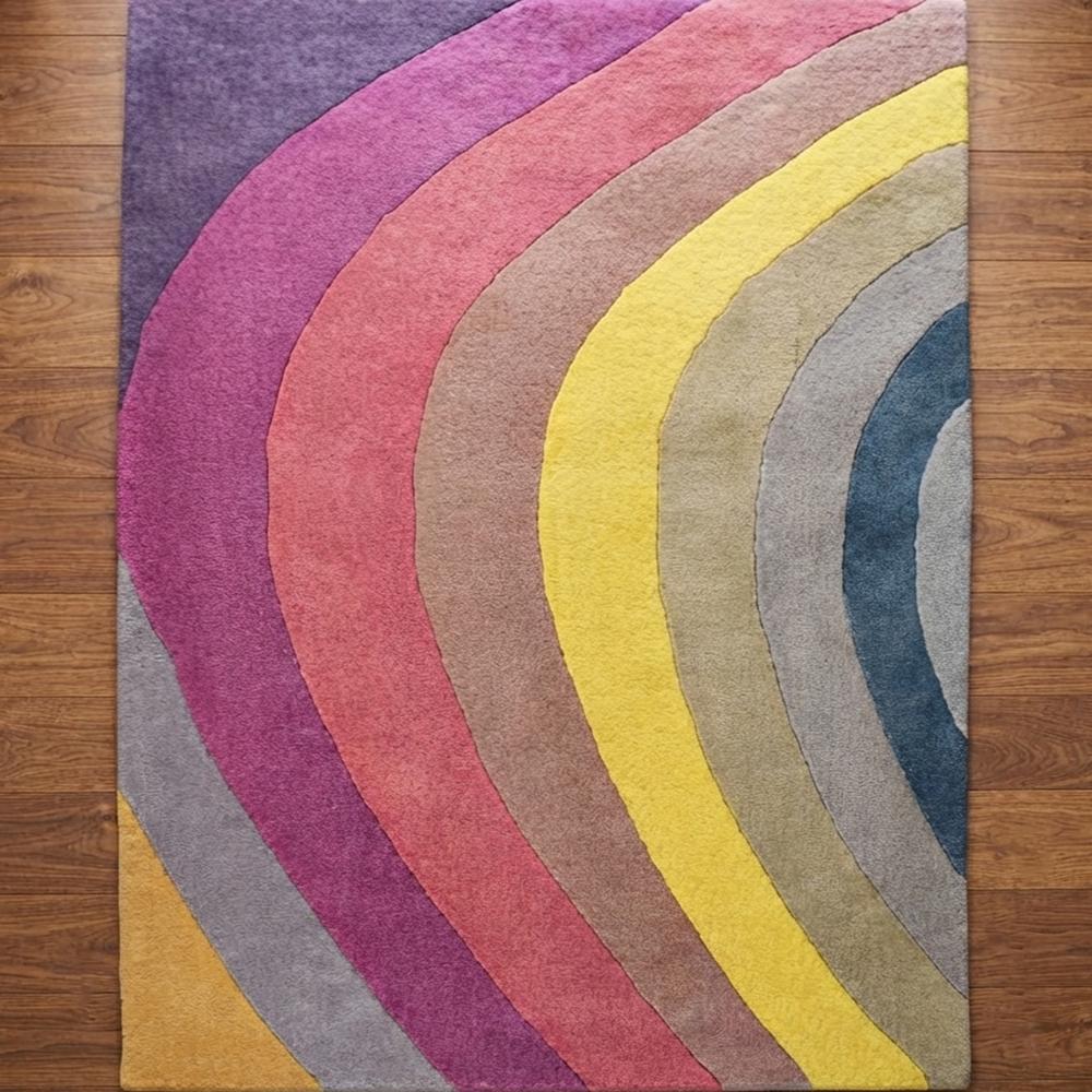 Multicolor Abstract Rainbow Tufted Area Rug With Curved Stripes | Modern Geometric Carpet For Bedroom And Living Room | Custom Size Rug | Tred India - Backing Material: Canvas Latex