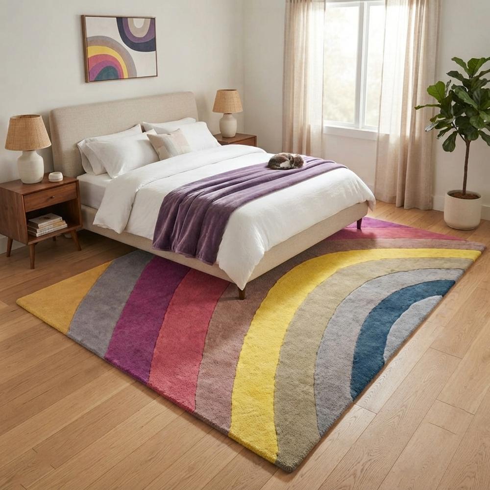 Multicolor Abstract Rainbow Tufted Area Rug with Curved Stripes | Modern Geometric Carpet for Bedroom and Living Room | Custom Size Rug | Tred India