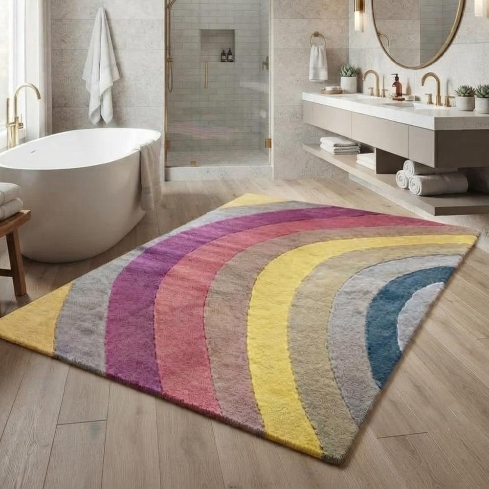 Multicolor Abstract Rainbow Tufted Area Rug with Curved Stripes | Modern Geometric Carpet for Bedroom and Living Room | Custom Size Rug | Tred India