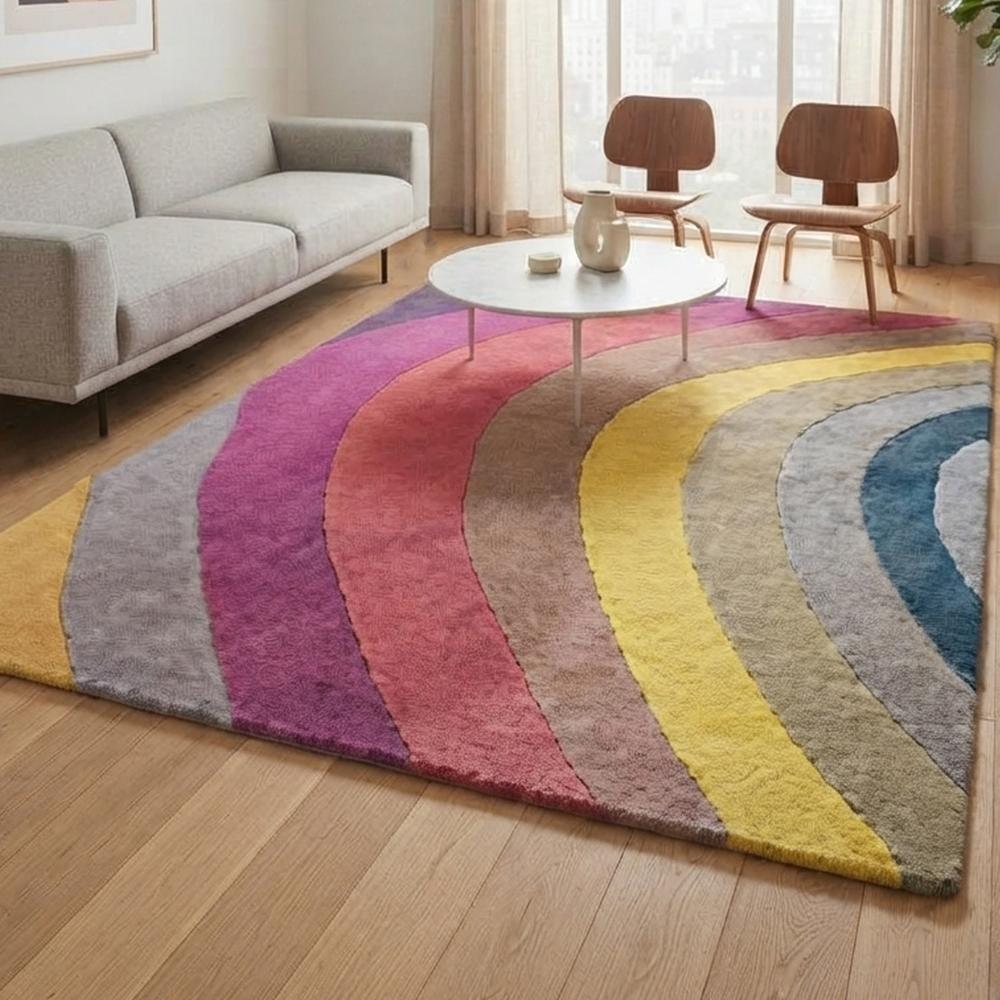 Multicolor Abstract Rainbow Tufted Area Rug with Curved Stripes | Modern Geometric Carpet for Bedroom and Living Room | Custom Size Rug | Tred India