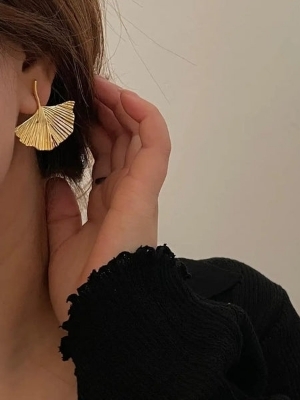Gold-Plated Ginkgo Leaf Statement Earrings - Color: Gold