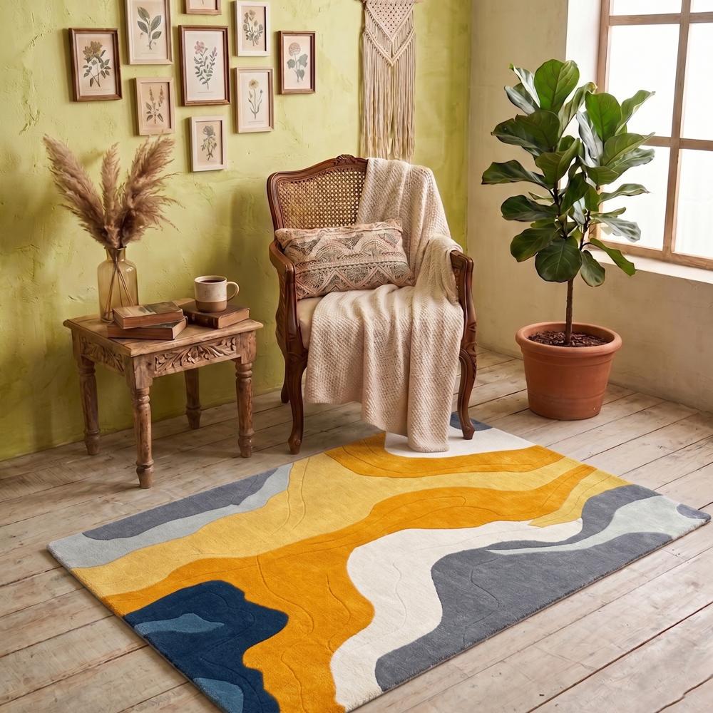 Hand Tufted Abstract Wool Rug, Modern High Low Design Carpet, Yellow Grey Blue Area Rug for Living Room and Bedroom, Custom Size Handmade Floor Rug