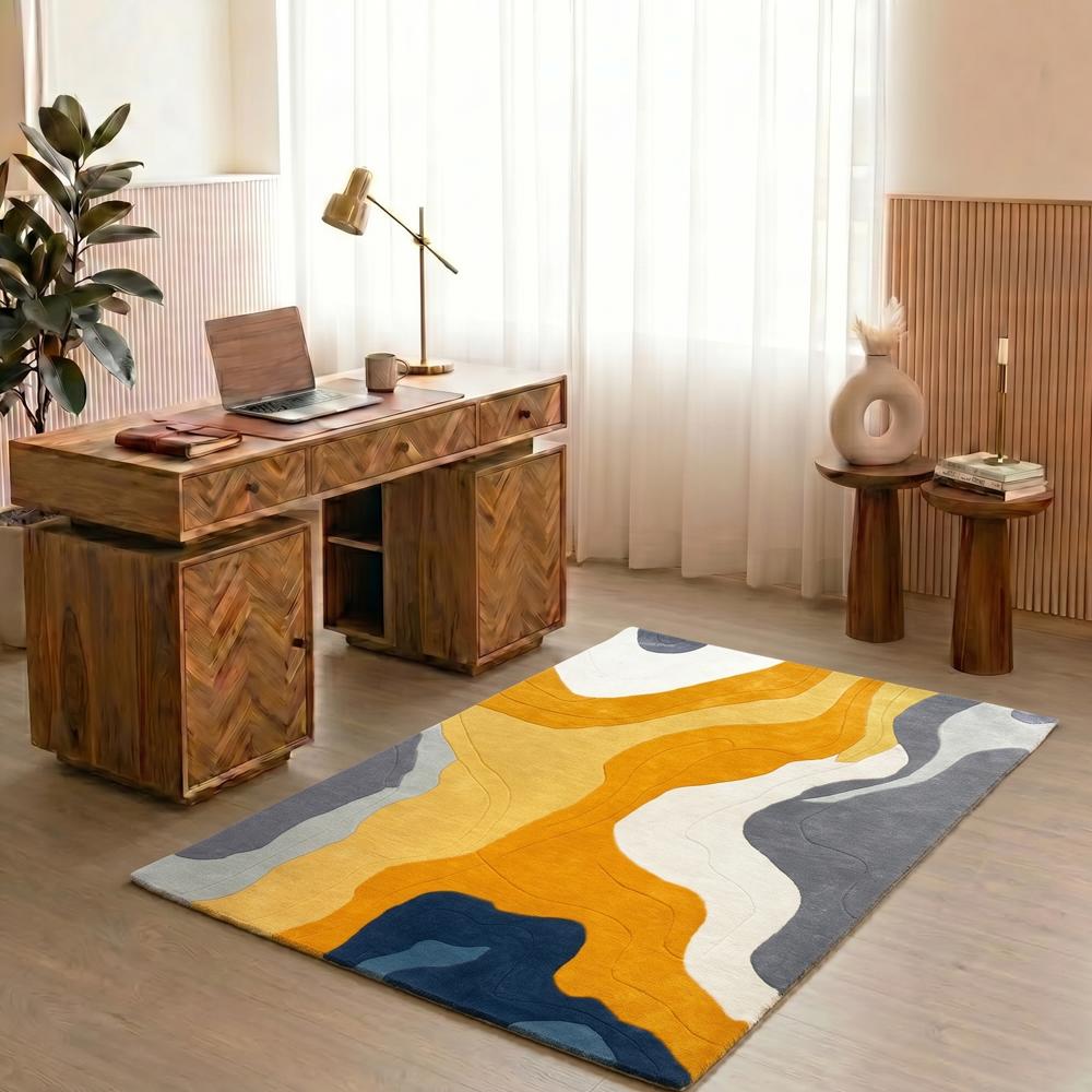 Hand Tufted Abstract Wool Rug, Modern High Low Design Carpet, Yellow Grey Blue Area Rug for Living Room and Bedroom, Custom Size Handmade Floor Rug