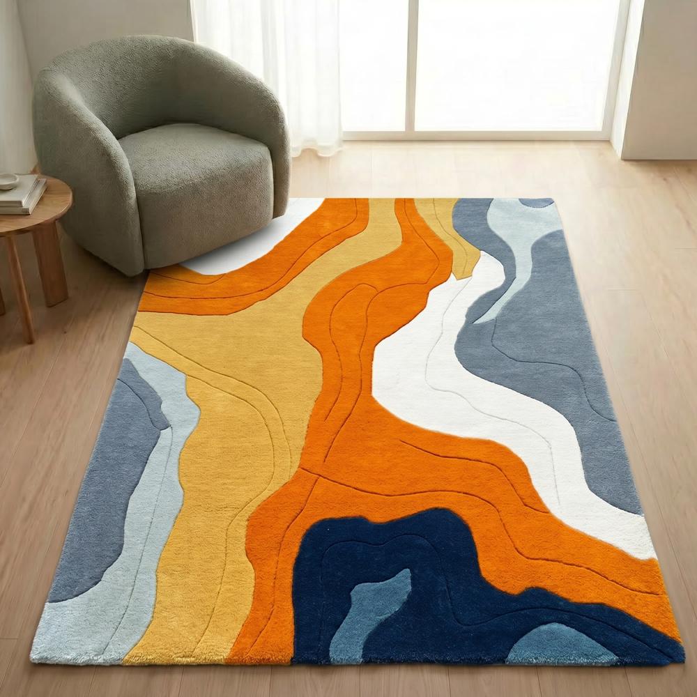 Hand Tufted Abstract Wool Rug, Modern High Low Design Carpet, Yellow Grey Blue Area Rug for Living Room and Bedroom, Custom Size Handmade Floor Rug