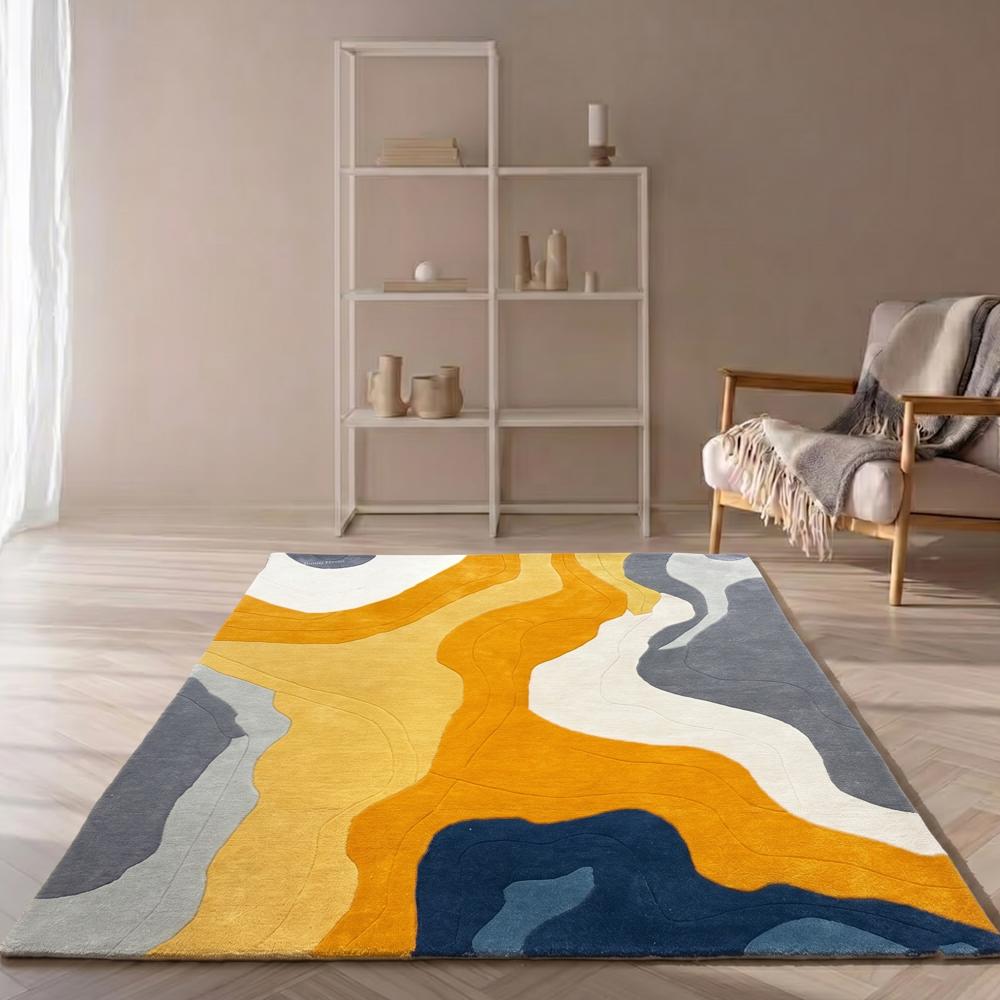 Hand Tufted Abstract Wool Rug, Modern High Low Design Carpet, Yellow Grey Blue Area Rug for Living Room and Bedroom, Custom Size Handmade Floor Rug
