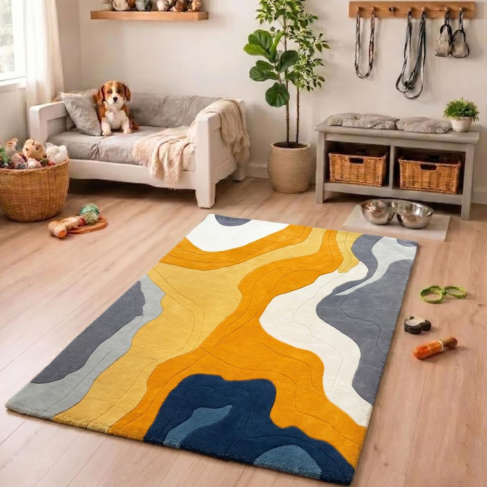 Hand Tufted Abstract Wool Rug, Modern High Low Design Carpet, Yellow Grey Blue Area Rug for Living Room and Bedroom, Custom Size Handmade Floor Rug