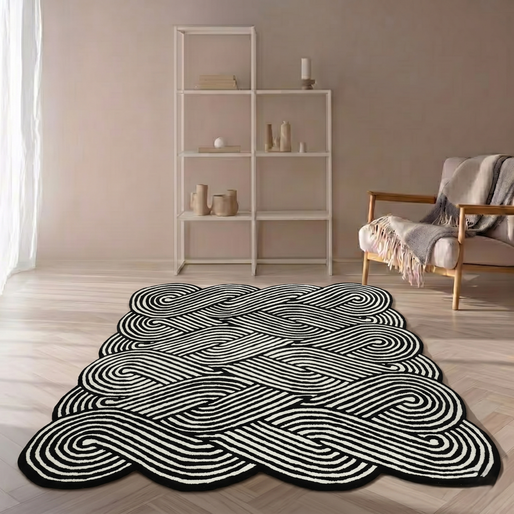 Hand Tufted Geometric Wool Rug Black And White Optical Illusion Pattern Modern Irregular Area Carpet For Living Room Bedroom And Contemporary Home Decor - Backing Material: Canvas Latex