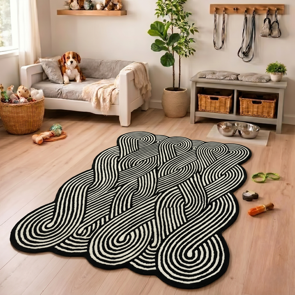 Hand Tufted Geometric Wool Rug, Black and White Optical Illusion Pattern, Modern Irregular Area Carpet for Living Room, Bedroom and Contemporary Home Decor