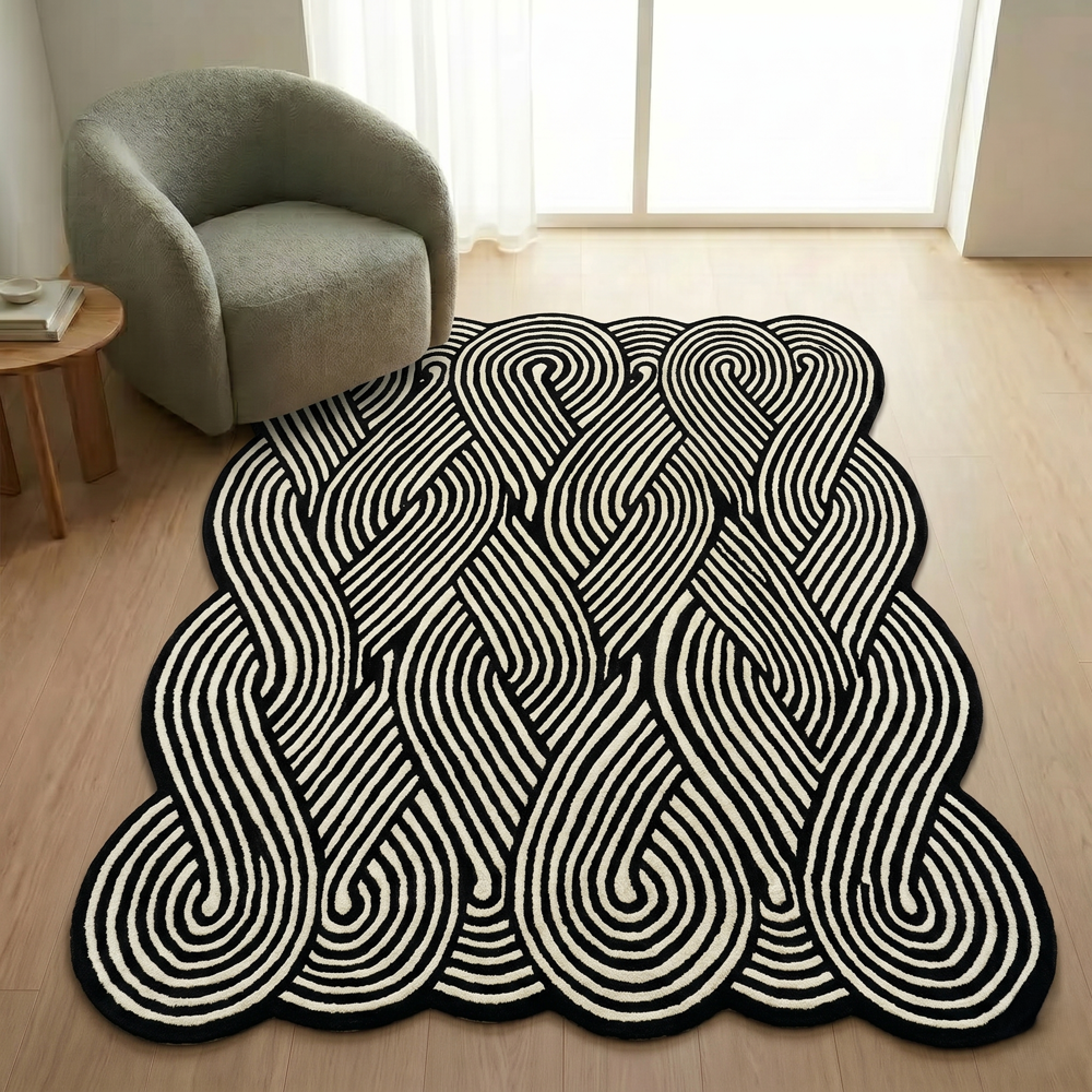 Hand Tufted Geometric Wool Rug, Black and White Optical Illusion Pattern, Modern Irregular Area Carpet for Living Room, Bedroom and Contemporary Home Decor