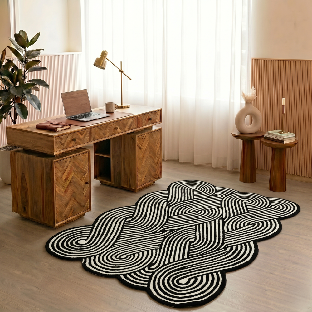 Hand Tufted Geometric Wool Rug, Black and White Optical Illusion Pattern, Modern Irregular Area Carpet for Living Room, Bedroom and Contemporary Home Decor