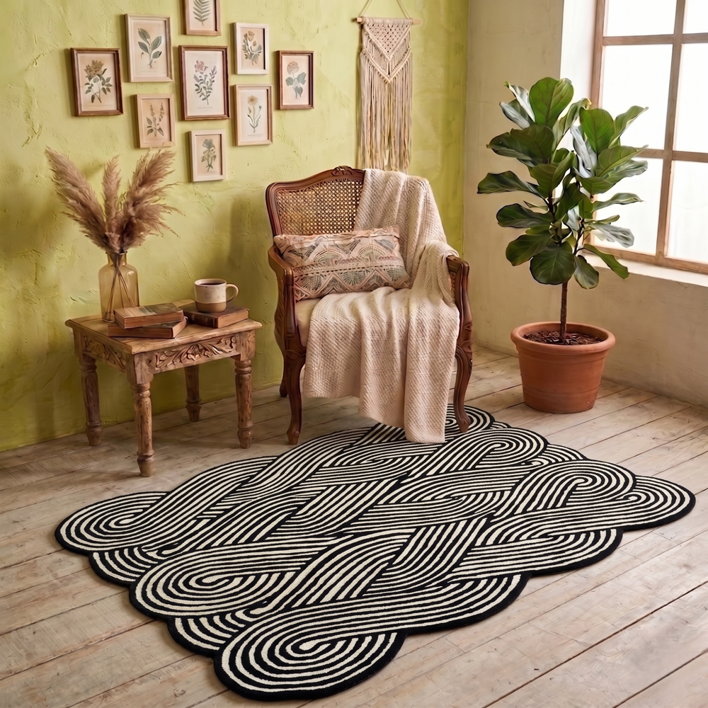 Hand Tufted Geometric Wool Rug, Black and White Optical Illusion Pattern, Modern Irregular Area Carpet for Living Room, Bedroom and Contemporary Home Decor