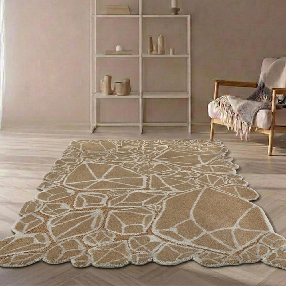 Hand Tufted Beige And White Wool Silk Rug, Modern Geometric Abstract Pattern, Irregular Scalloped Area Carpet For Living Room And Bedroom, Contemporary Boho Home Decor - Backing Material: Canvas Latex
