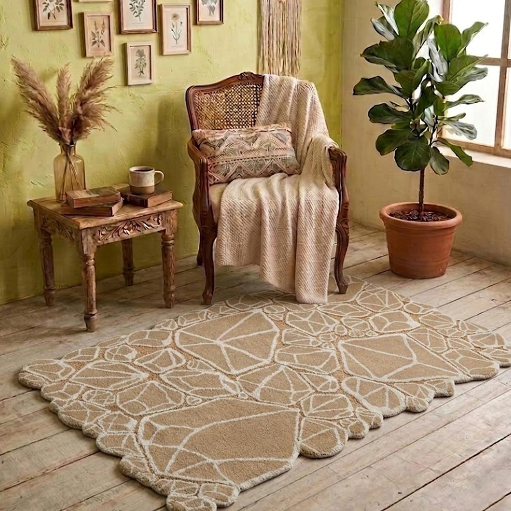 Hand Tufted Beige and White Wool Silk Rug, Modern Geometric Abstract Pattern, Irregular Scalloped Area Carpet for Living Room and Bedroom, Contemporary Boho Home Decor