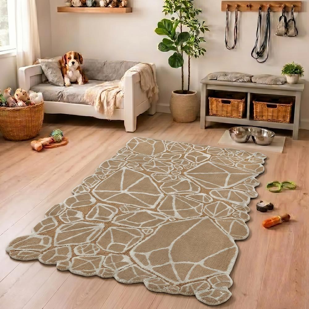Hand Tufted Beige and White Wool Silk Rug, Modern Geometric Abstract Pattern, Irregular Scalloped Area Carpet for Living Room and Bedroom, Contemporary Boho Home Decor